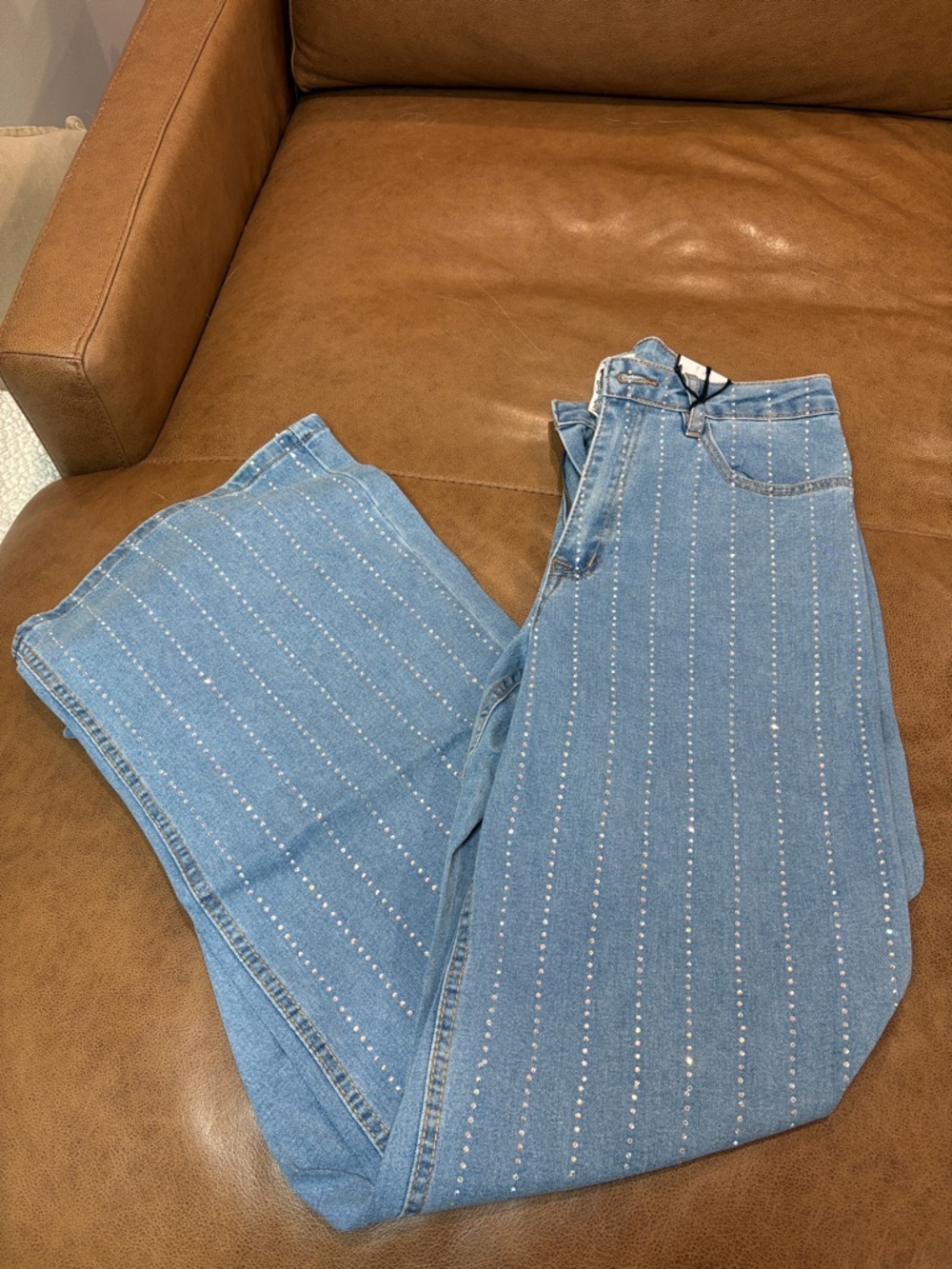 Almost Famous Light Blue Straight Leg Jeans with Rhinestone Stripes